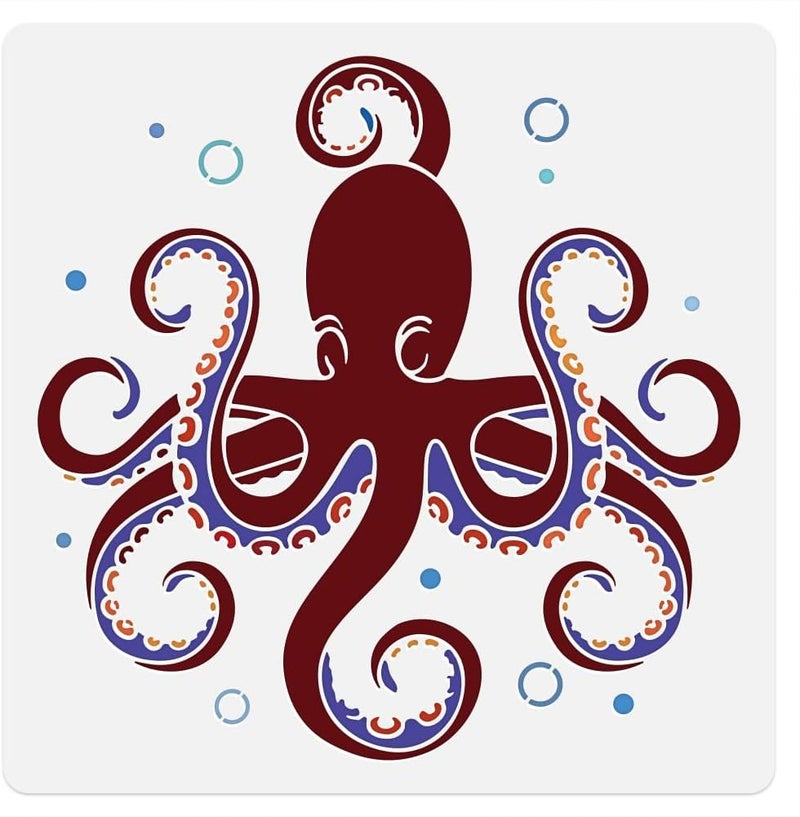DOODLREAM Octopus Sea Wall Stencil Template 11.8 x 11.8 Inch Reusable Plastic Ocean Themed Stencil for Painting on Wood Wall Floor Tile Fabric Glass DIY Home Decor - Image 1